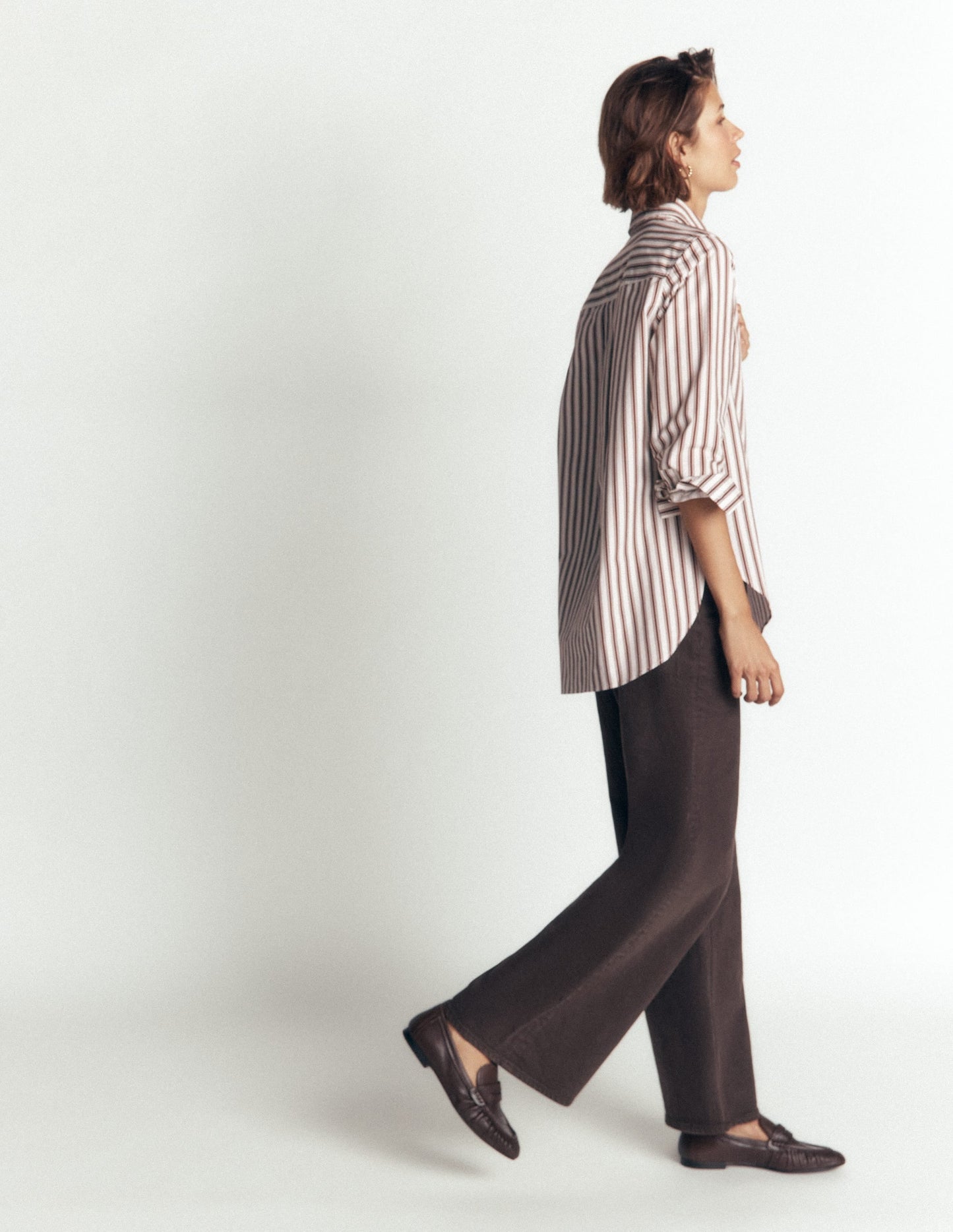 Anna Longline Cotton Shirt-Ivory, Brown Tram Stripe